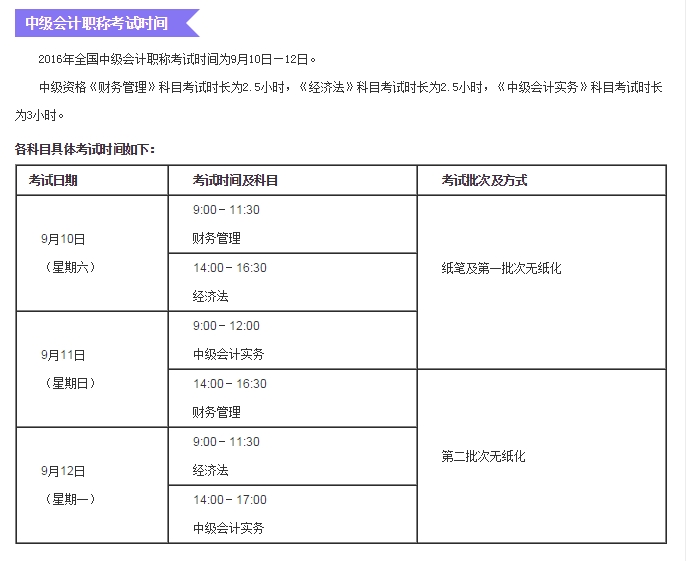 2016年中级会计职称考试时间是什么时候