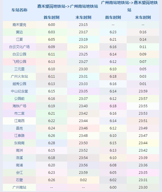 广州地铁2号线时间表