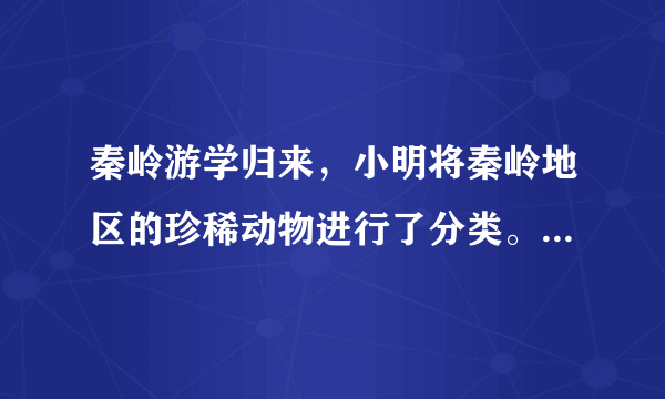 秦岭游学归来，小明将秦岭地区的珍稀动物进行了分类。将细鳞鲑、秦岭雨蛙、大鲵分一类，朱鹮、金雕、红腹锦鸡、大熊猫、羚牛、金丝猴分一类。他分类的依据是（　　）A.有无脊柱B.生殖方式是否相同C.体温是否恒定D.呼吸方式是否相同