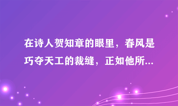 在诗人贺知章的眼里，春风是巧夺天工的裁缝，正如他所写的“            ，            ”。A.碧玉妆成一树高，万条垂下绿丝绦B.不知细叶谁裁出，二月春风似剪刀C.忽如一夜春风来，千树万树梨花开D.沾衣欲湿杏花雨，吹面不寒杨柳风